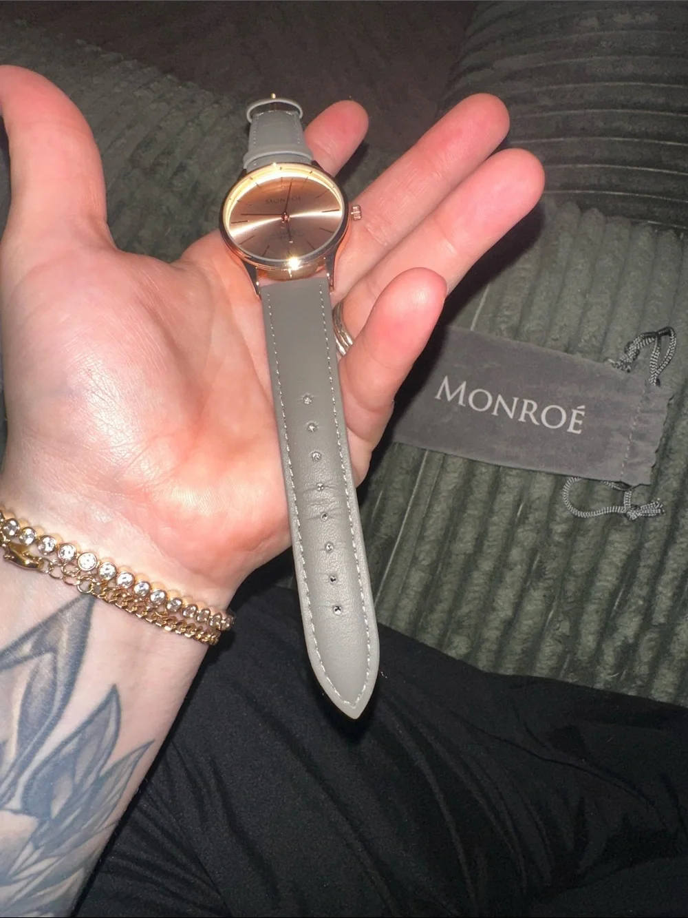 Monroe Rose Gold Dial Watch with Light Gray Leather Band